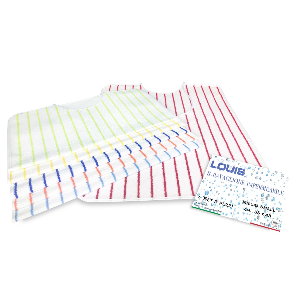 JUEGO DE 3 baberos impermeables LOUIS © ADULT con cordones antimanchas talla SMALL completo con bolsa de lavado