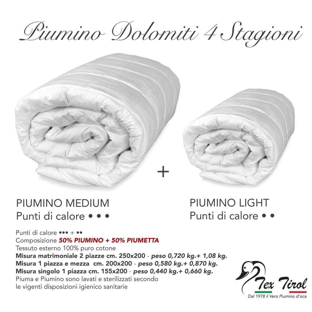 Il piumino Tex Tirol DOLOMITI nella versione 4 stagioni ideale per tutto l'anno, singolo o piazza e mezza o matrimoniale